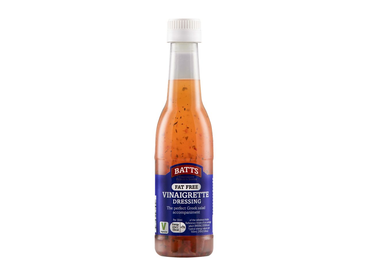 Fat-free vinaigrette dressing in a clear bottle with a blue label, perfect for Greek salads.