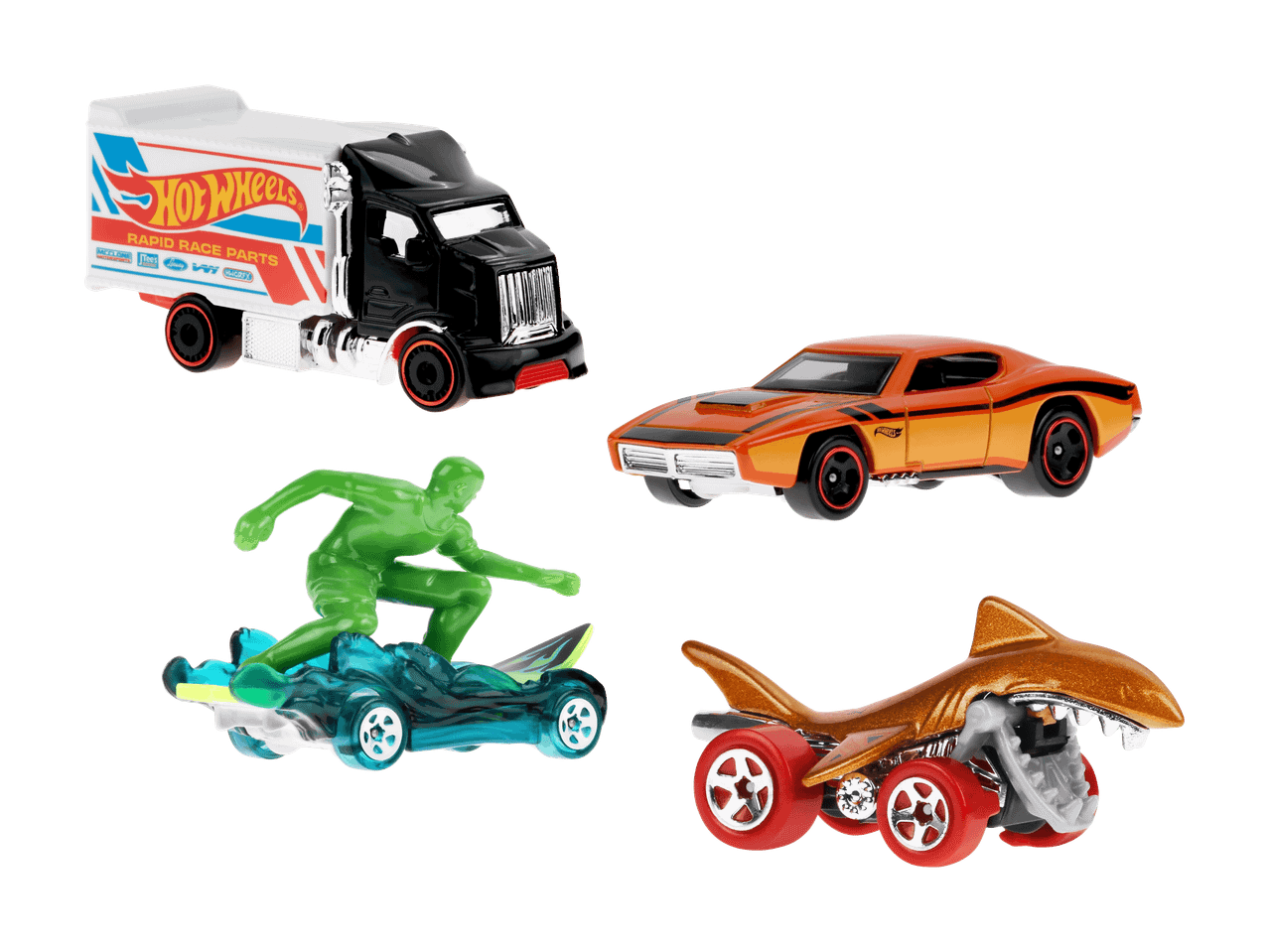 Quatre jouets miniatures : un camion, une voiture de sport orange, un surfeur vert et un requin.