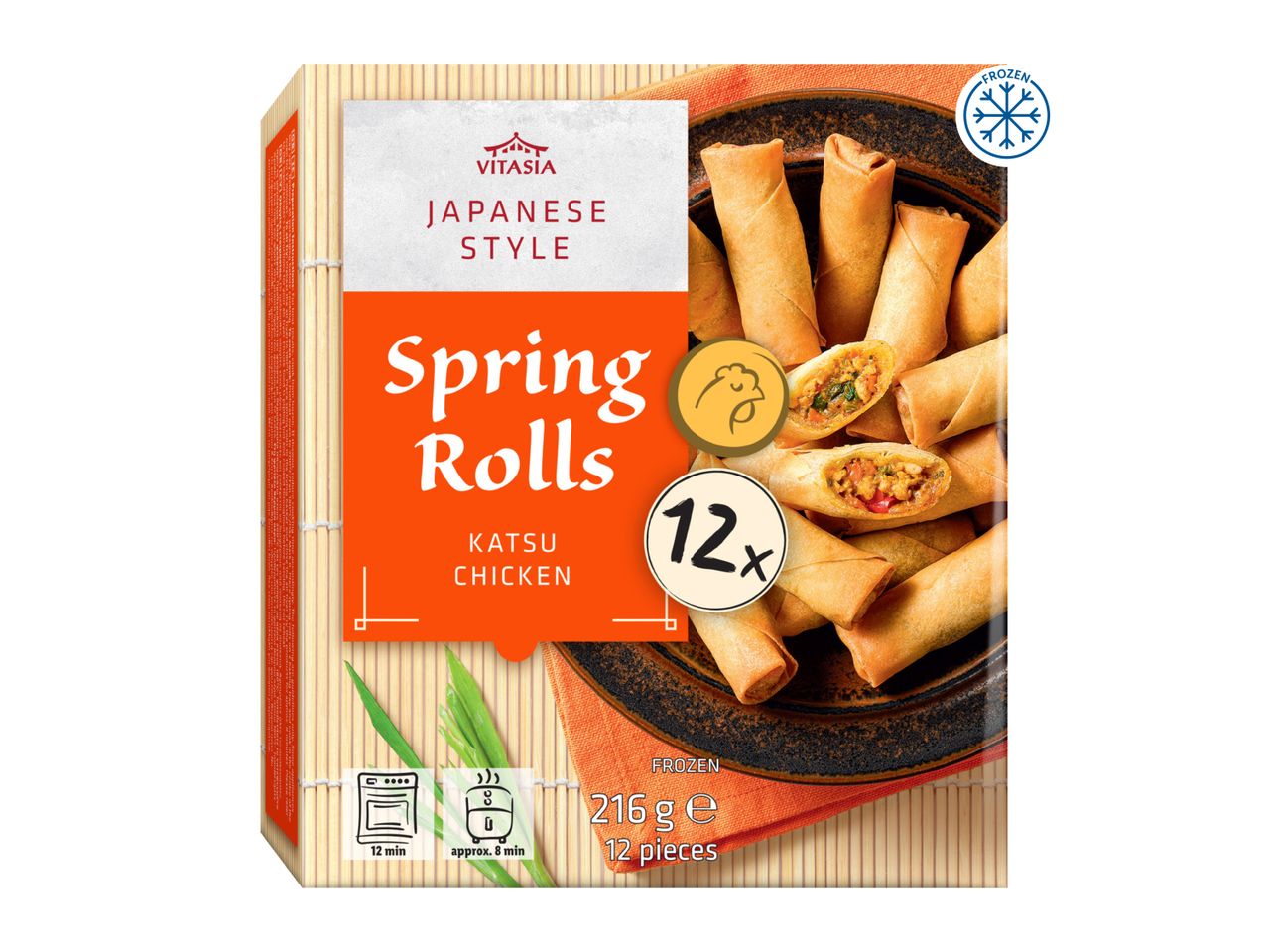 Japanese style spring rolls with Katsu chicken, 12 pieces, 216g, frozen.