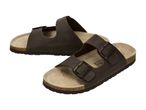 Pair of dark brown two-strap sandals with buckles and cork soles.