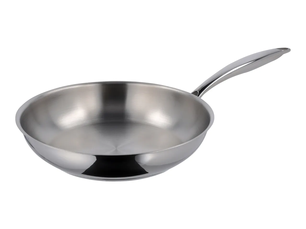 Stainless steel frying pan with a polished finish and a long handle.