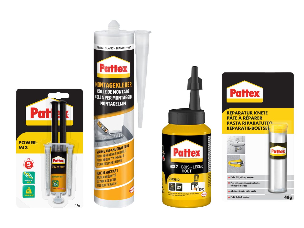 Pattex Klebstoffe: Montagekleber, Holzkleber und Reparaturknete für verschiedene Anwendungen.
