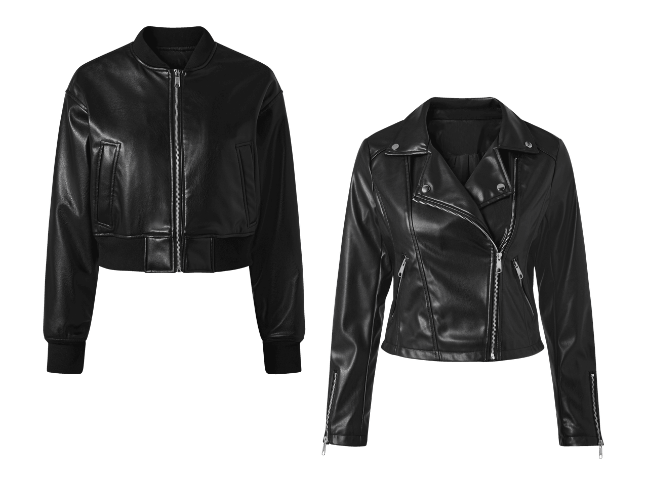 Kaksi mustaa nahkatakkia, toinen bomber-tyylinen ja toinen biker-tyylinen.