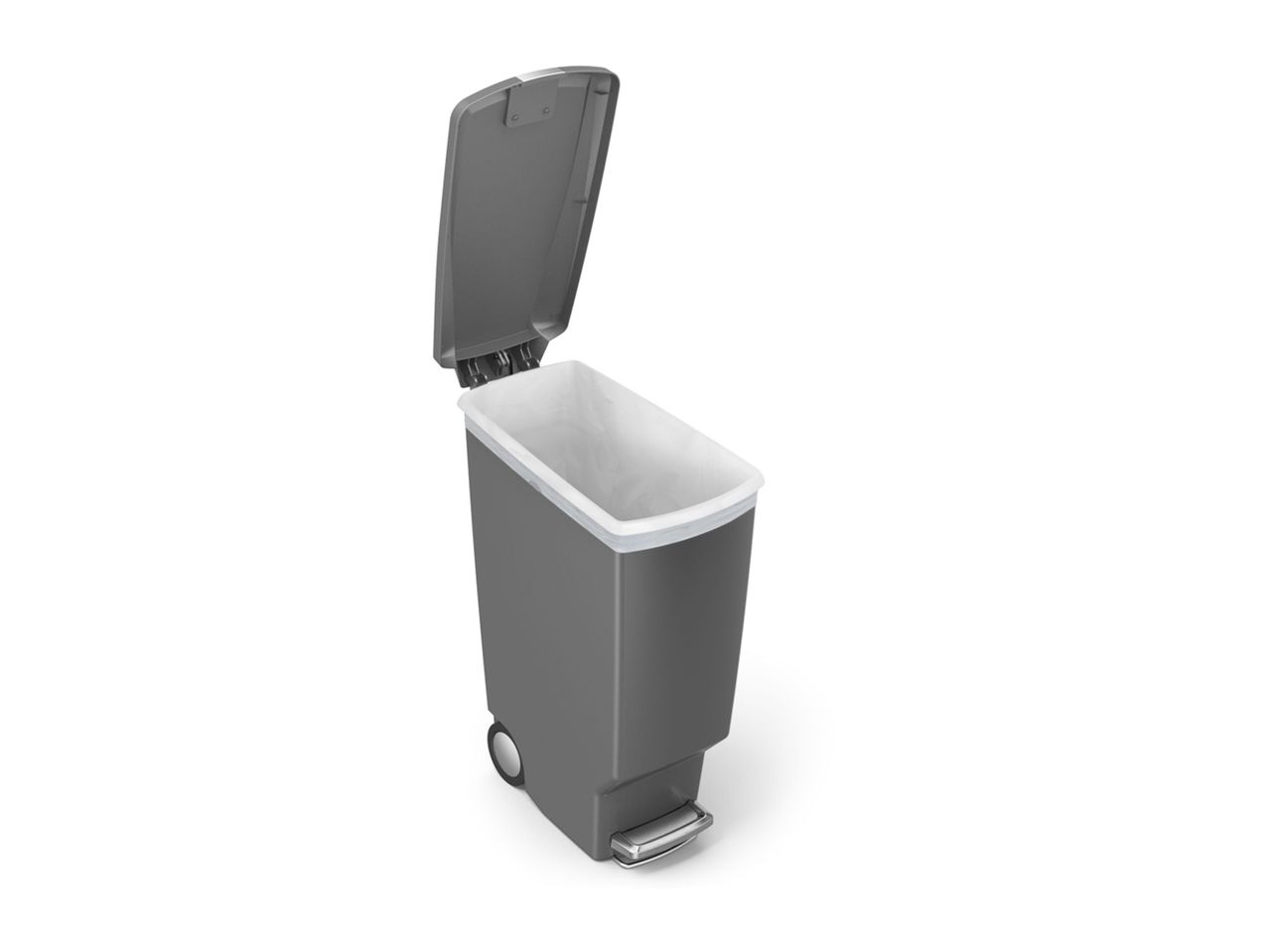 A gray Simplehuman slim step can with a white inner bucket.