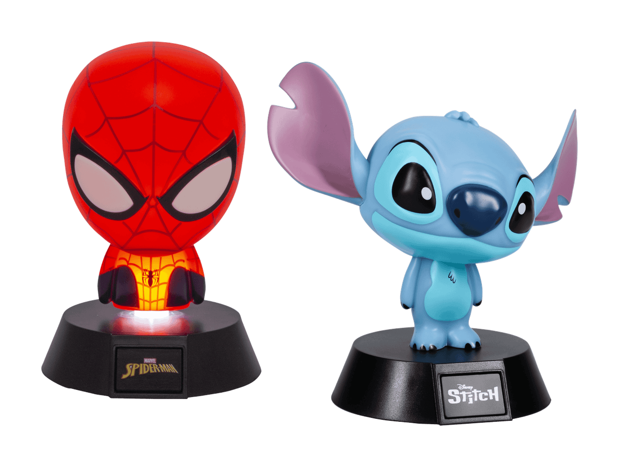 Veilleuses Spiderman et Stitch sur socles noirs, Spiderman s'illumine en rouge et jaune.
