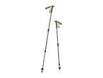 A pair of adjustable green and black trekking poles with cork grips