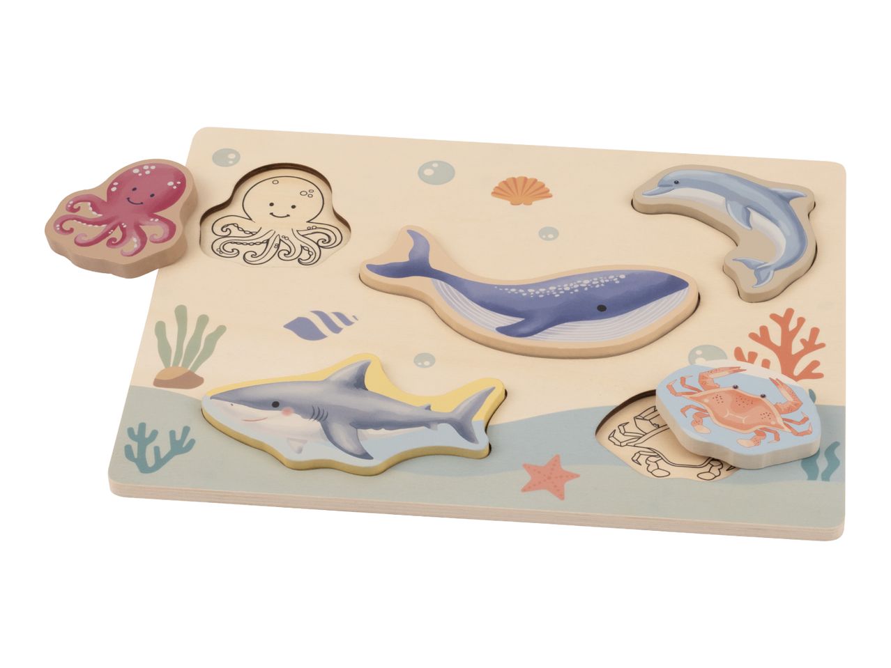 Wooden ocean-themed puzzle with octopus, whale, shark, dolphin, and crab pieces.