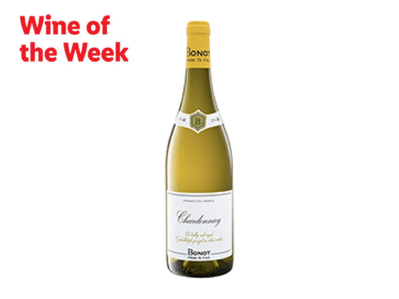Wine of the Week: A bottle of white wine with a yellow foil top.
