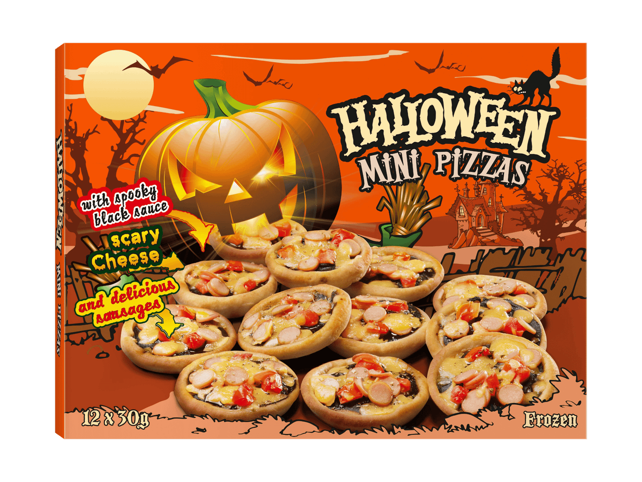 Halloween Mini-Pizzen mit schwarzer Soße, Käse und Würstchen