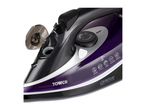 A purple and black Tower brand iron with a detachable water tank.