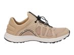 Beige and black athletic shoe with mesh panels and bungee laces, side view.