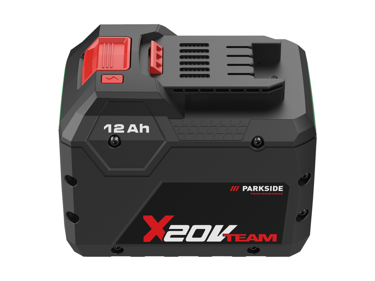 A black and red power tool battery with '12 Ah' and 'X20V TEAM' markings.