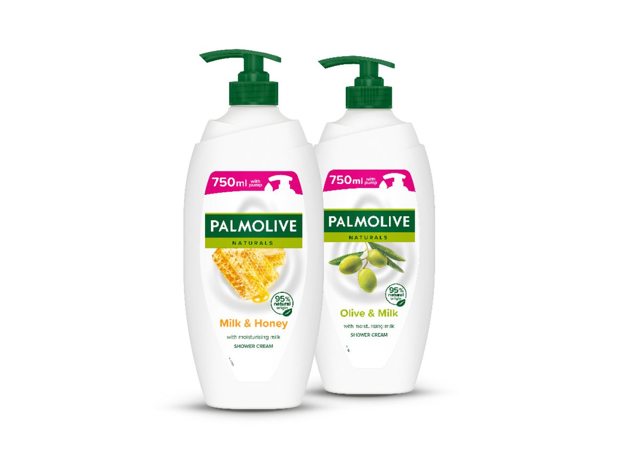 Dvije bočice Palmolive Naturals tuš krema, Milk & Honey i Olive & Milk.
