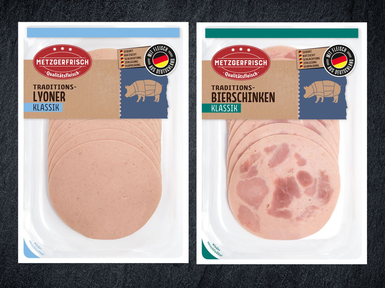Metzgersfrisch Verpackung: Lyoner und Bierschinken Klassik.