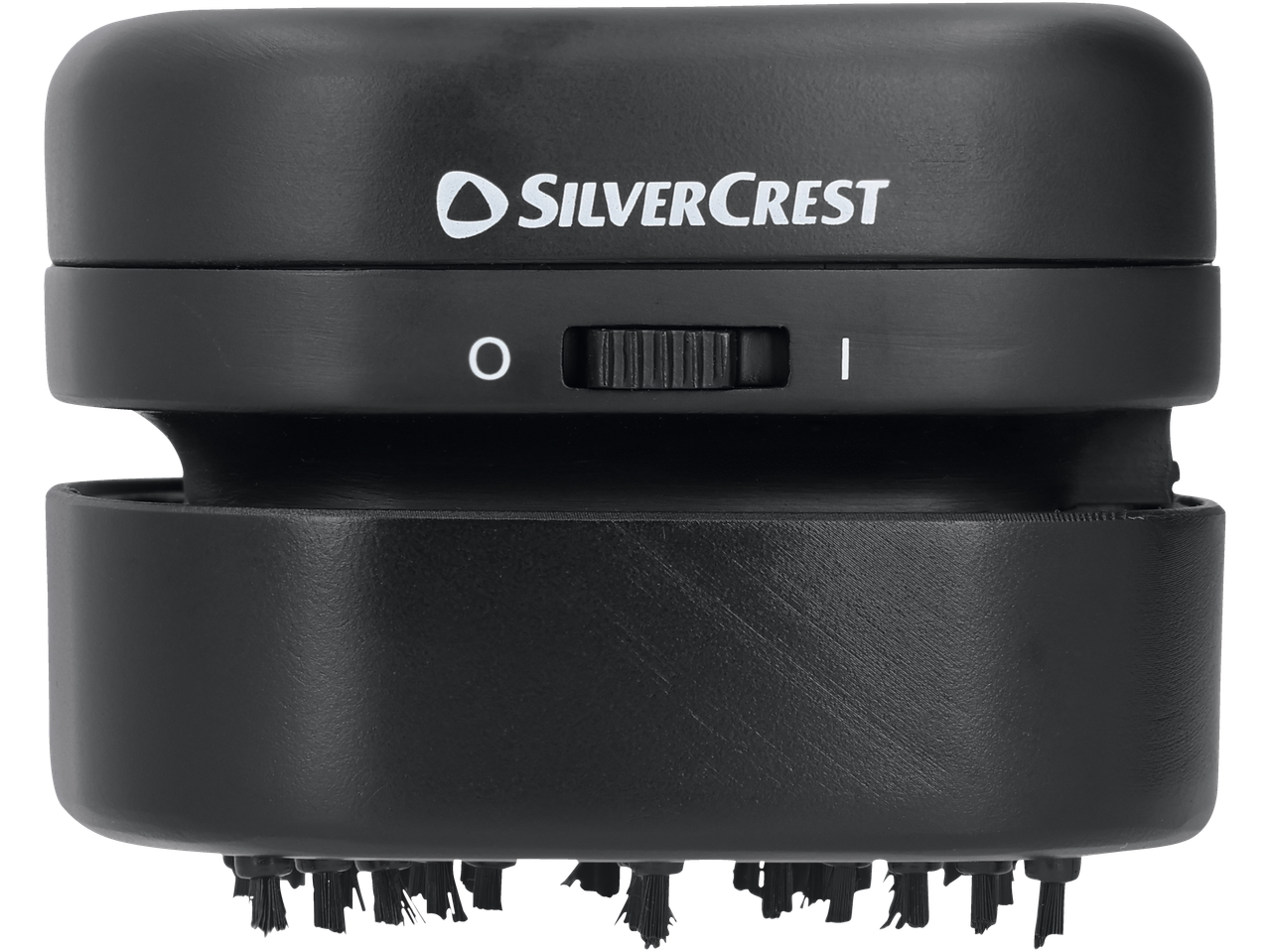 Juodas SILVERCREST mini dulkių siurblys su slankiojančiu jungikliu ir šepetėliais.