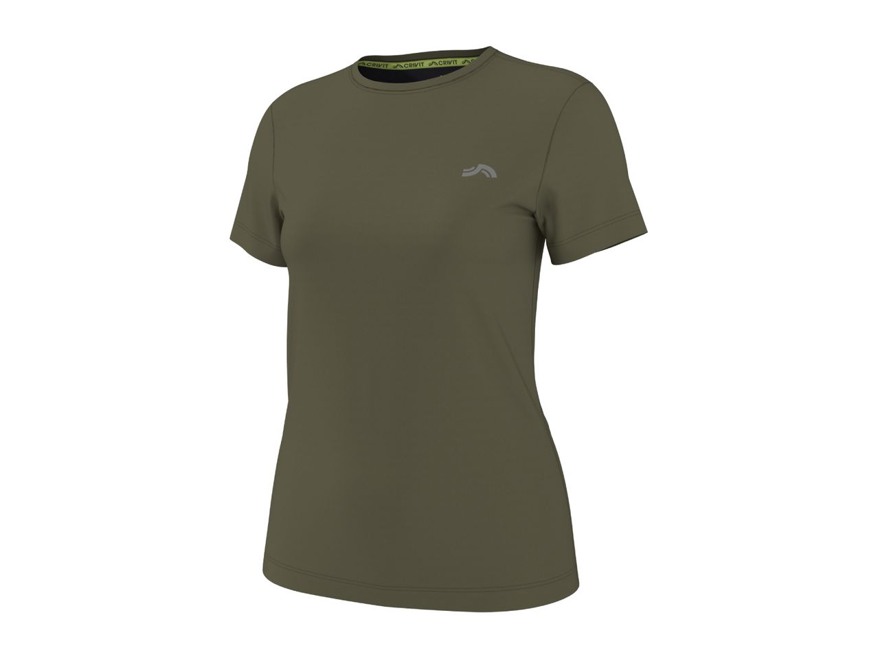 Khaki green short-sleeved women's sports t-shirt with a small logo on the chest.
