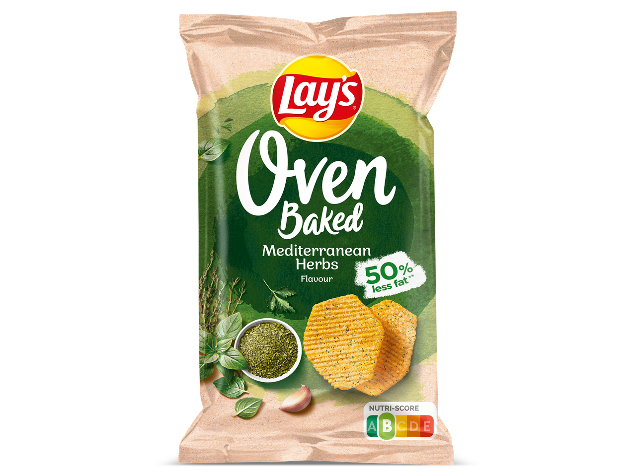 Zak ovengebakken chips met mediterrane kruiden, 50% minder vet en Nutri-Score B.