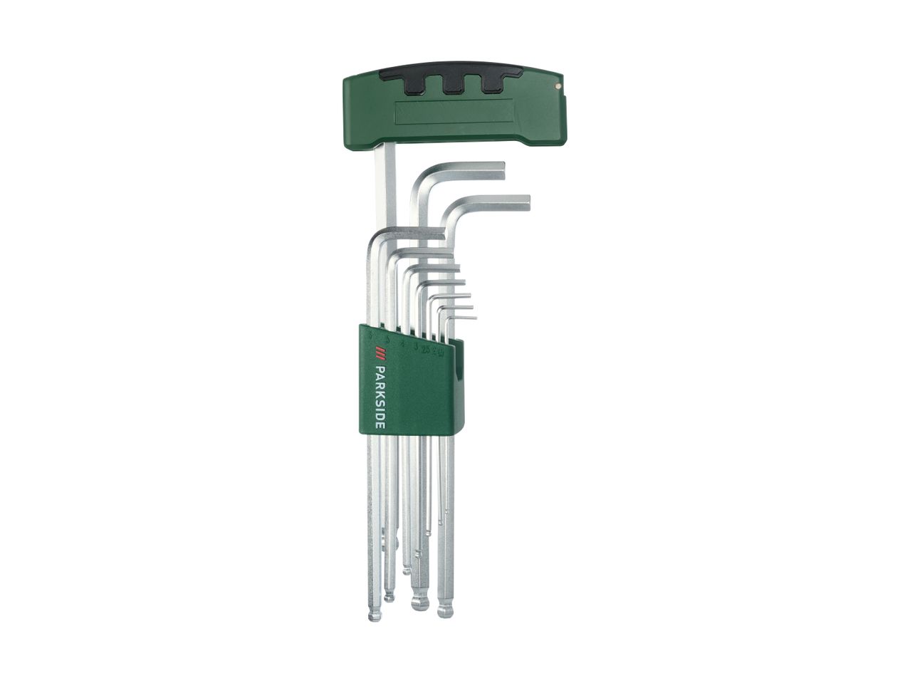 Set of L-shaped hex keys with a green and black holder, featuring various sizes.
