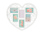 White heart-shaped frame with family photos and balloons.