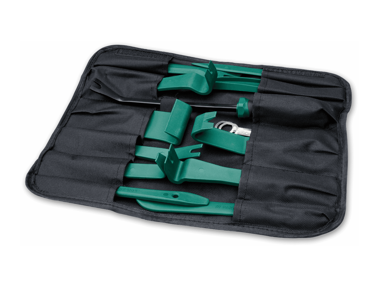 Werkzeugset zum Entfernen von Verkleidungen in einer schwarzen Rolltasche