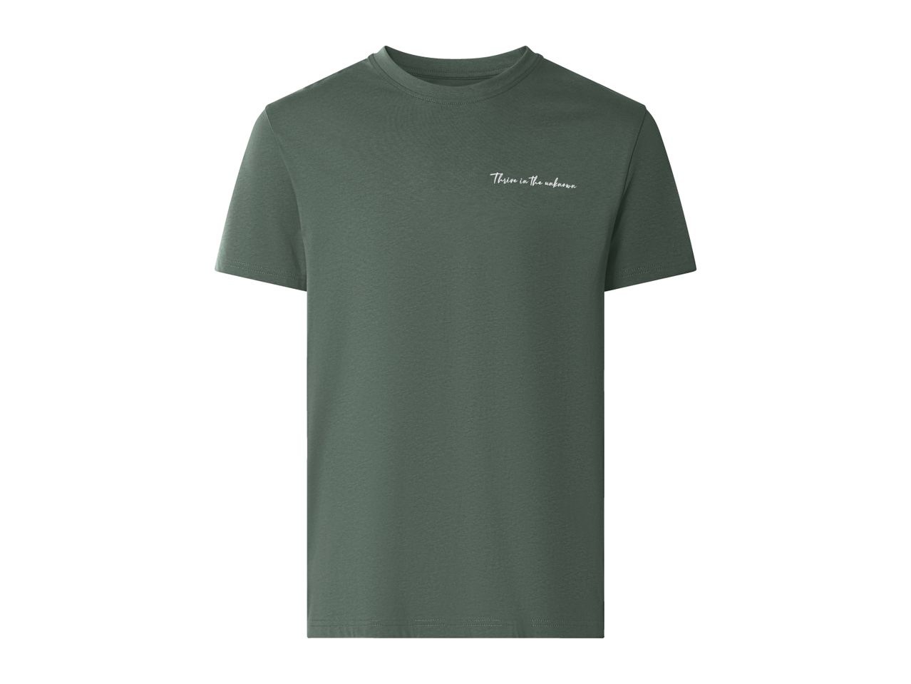 Dark green short-sleeved t-shirt with the text 'Thrive in the unknown' on the chest.