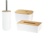 Toalettborste, papperskorg och tissuebox i vitt med bambulock.