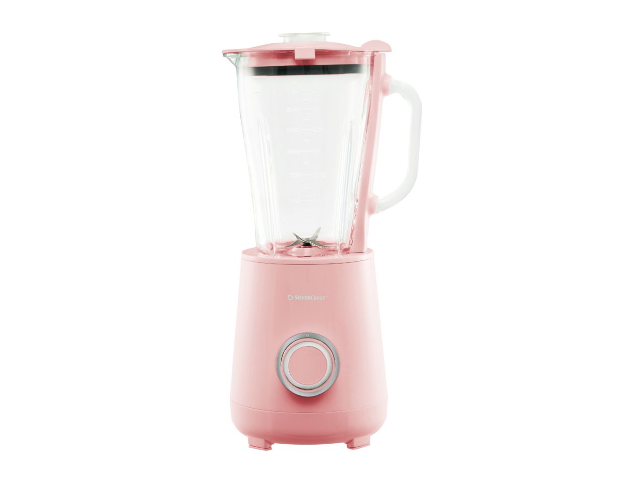 Pink blender with a glass jug and a silver control dial on a white background.