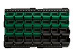 Wall-mounted storage system with green and black bins for organizing small parts.