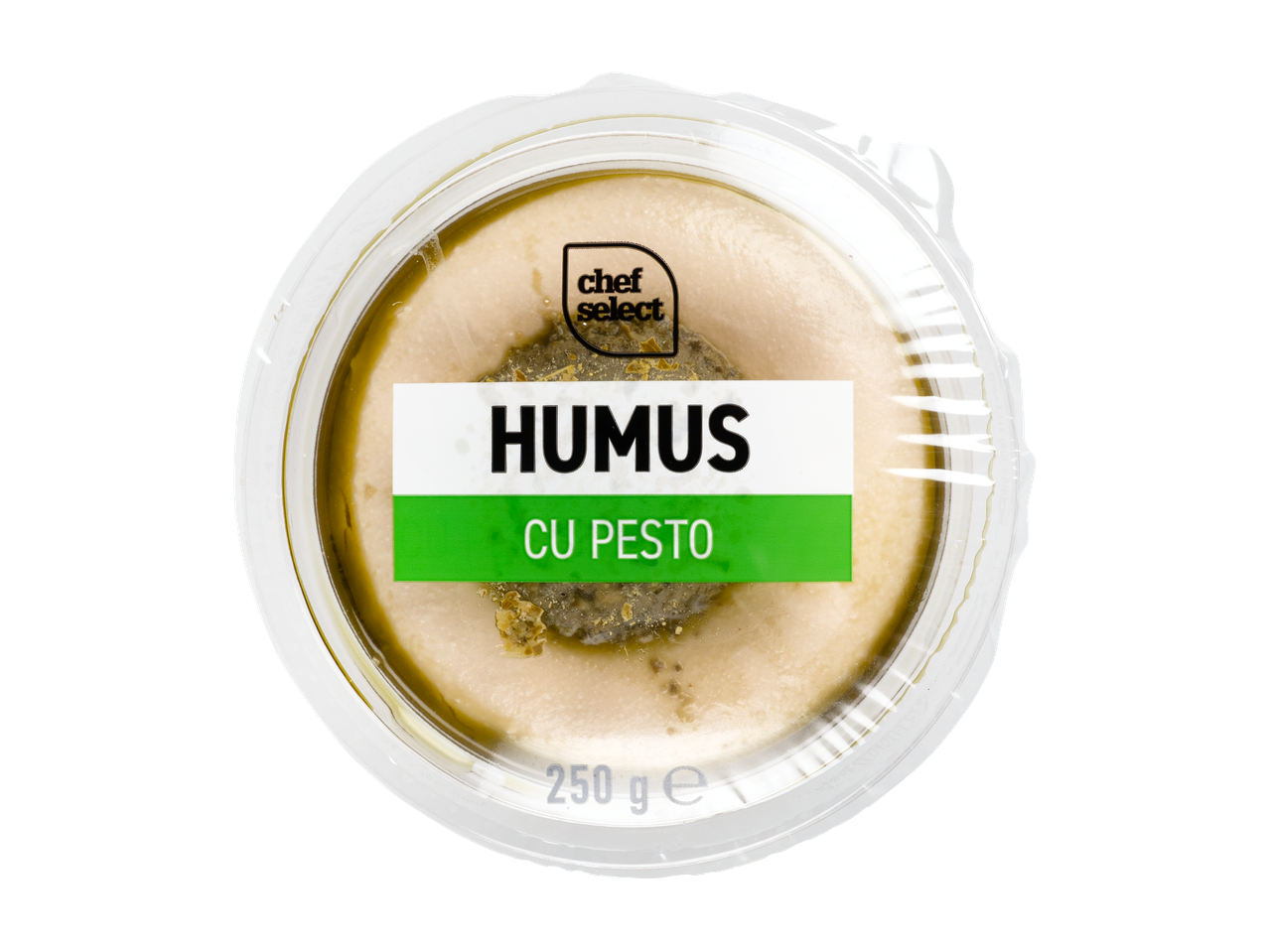 Hummus cu pesto Chef Select într-un recipient de plastic.