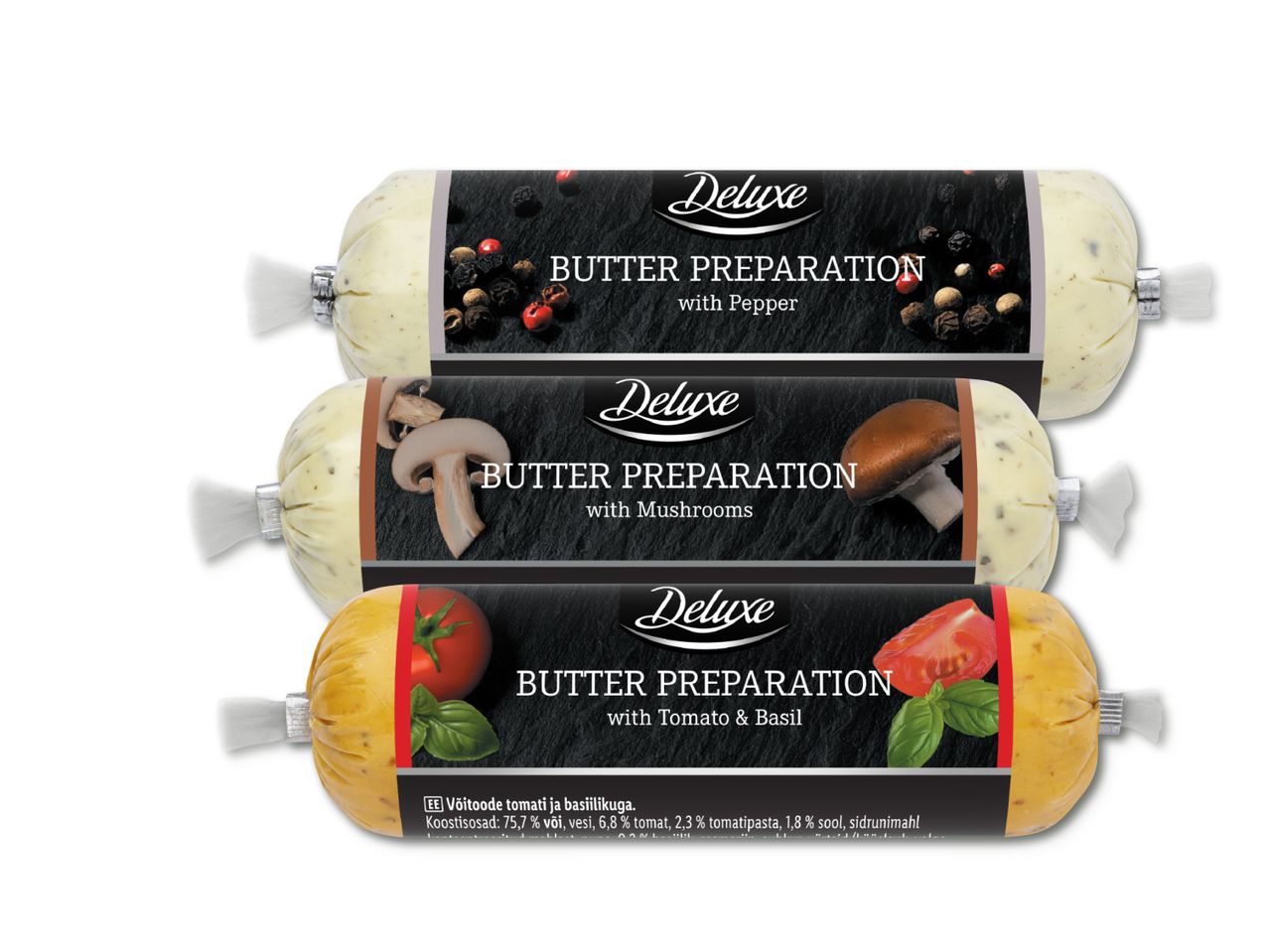 Kolm pakki Deluxe võipreparaati pipra, seente, tomati ja basiilikuga.