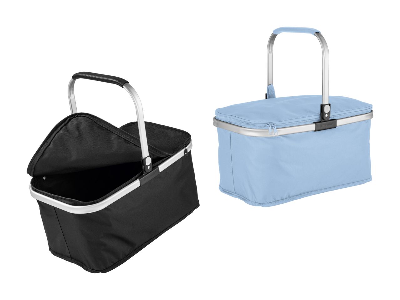 Deux paniers de pique-nique isothermes pliables, un noir et un bleu clair.