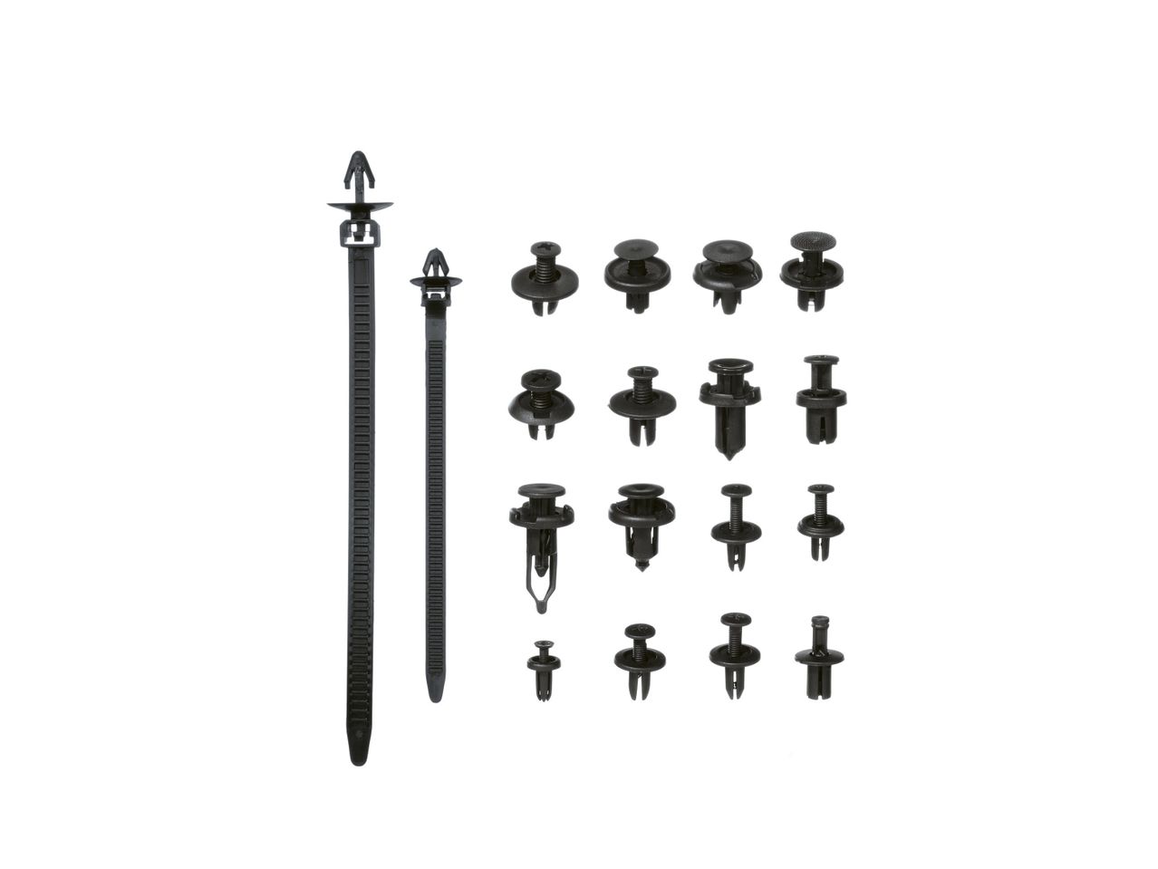 Assortment of black plastic automotive fasteners and clips.