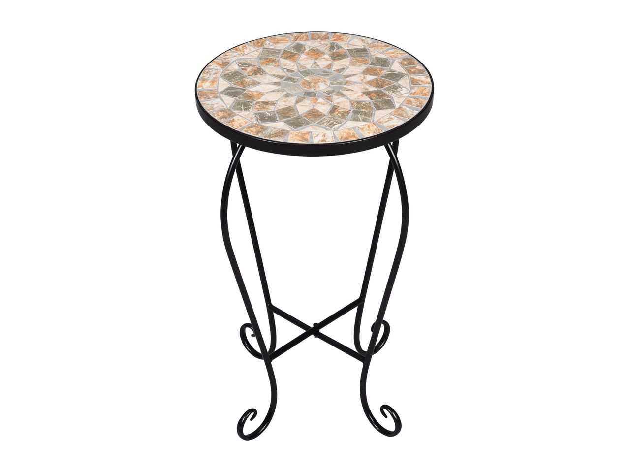 A mosaic-top side table with a metal frame.