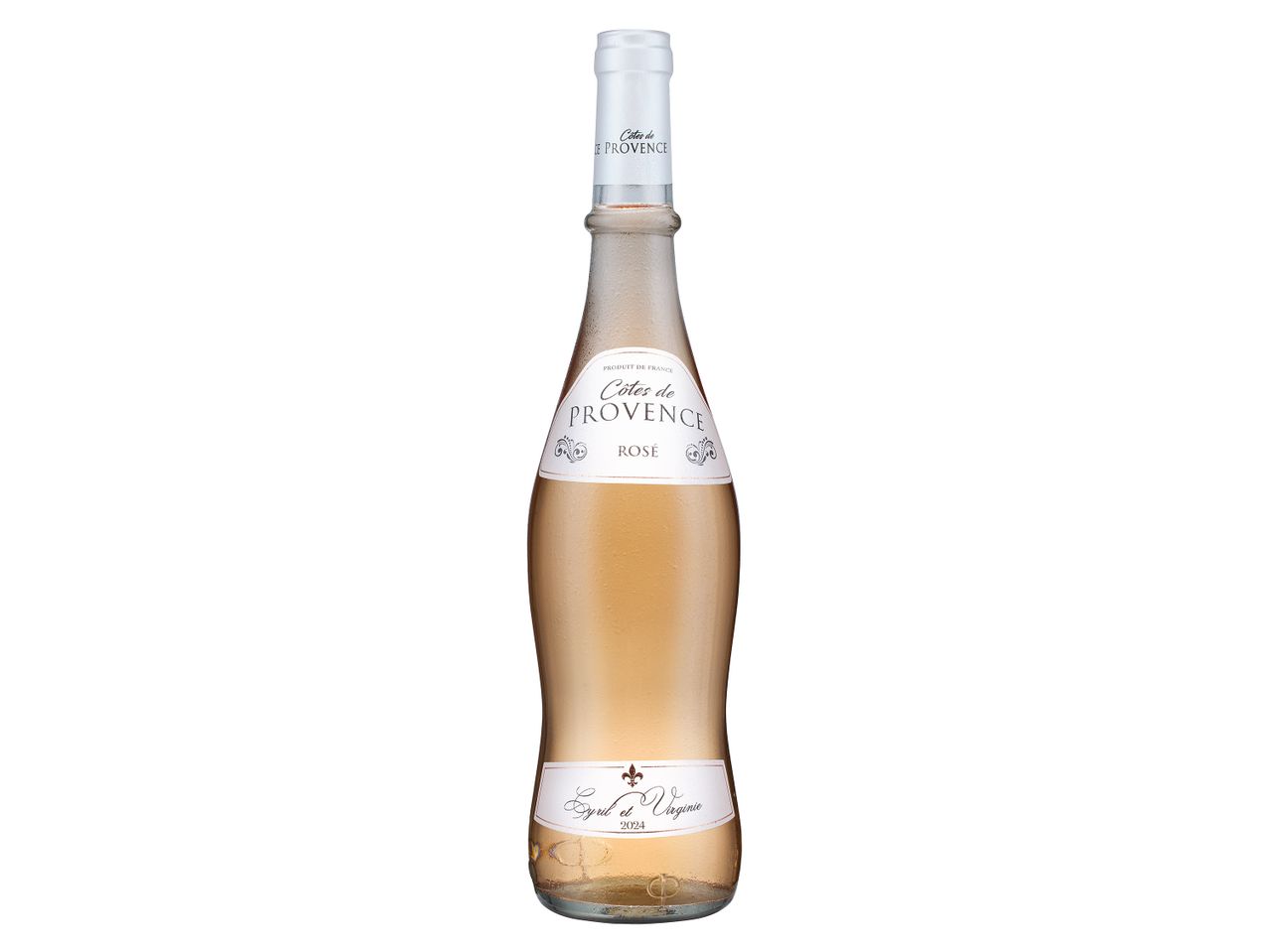 A bottle of Côtes de Provence Rosé wine, with a white label and a light pink liquid.