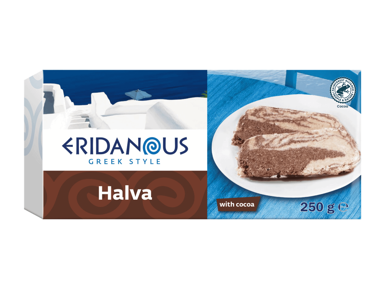 Pakovanje halve sa kakaom, prikazuje grčki pejzaž i dva komada halve na tanjiru.