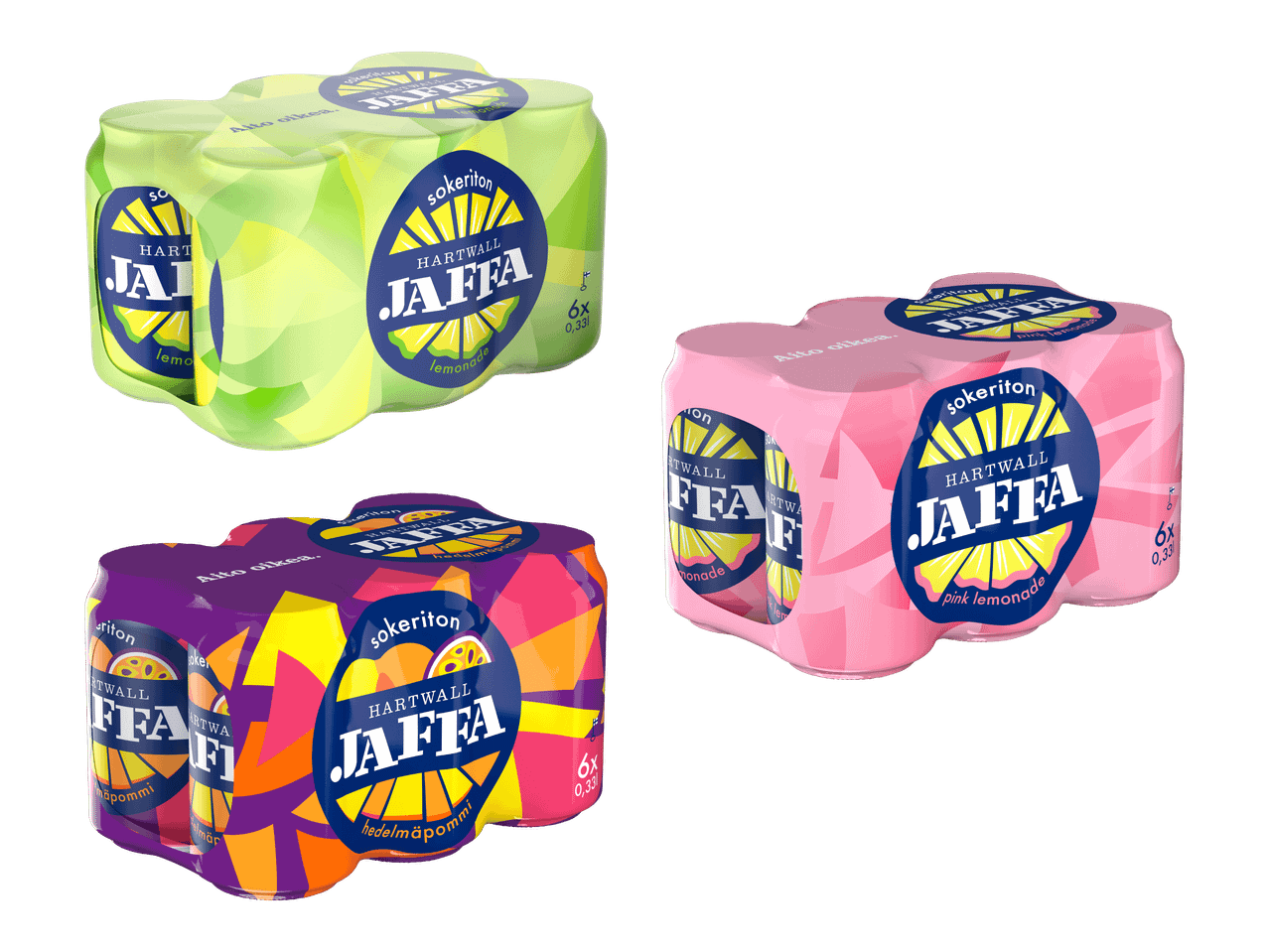 Kolme kuuden tölkin pakkausta sokeritonta virvoitusjuomaa: sitruuna, vaaleanpunainen limonadi ja hedelmäpommi.