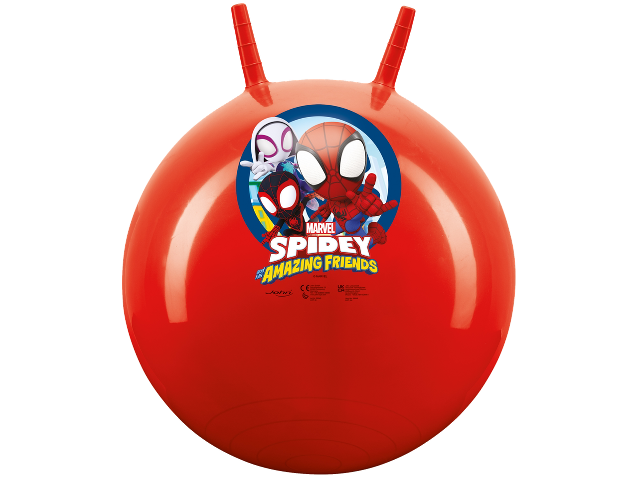 Raudonas Spidey ir jo nuostabių draugų šokinėjimo kamuolys su rankenomis.