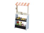 Wooden toy market stall with a striped awning, cash register, scale, and shelves stocked with play food and flowers.