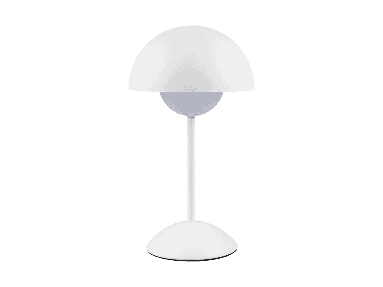 Hvid bordlampe med kuppelformet skærm og rund fod.