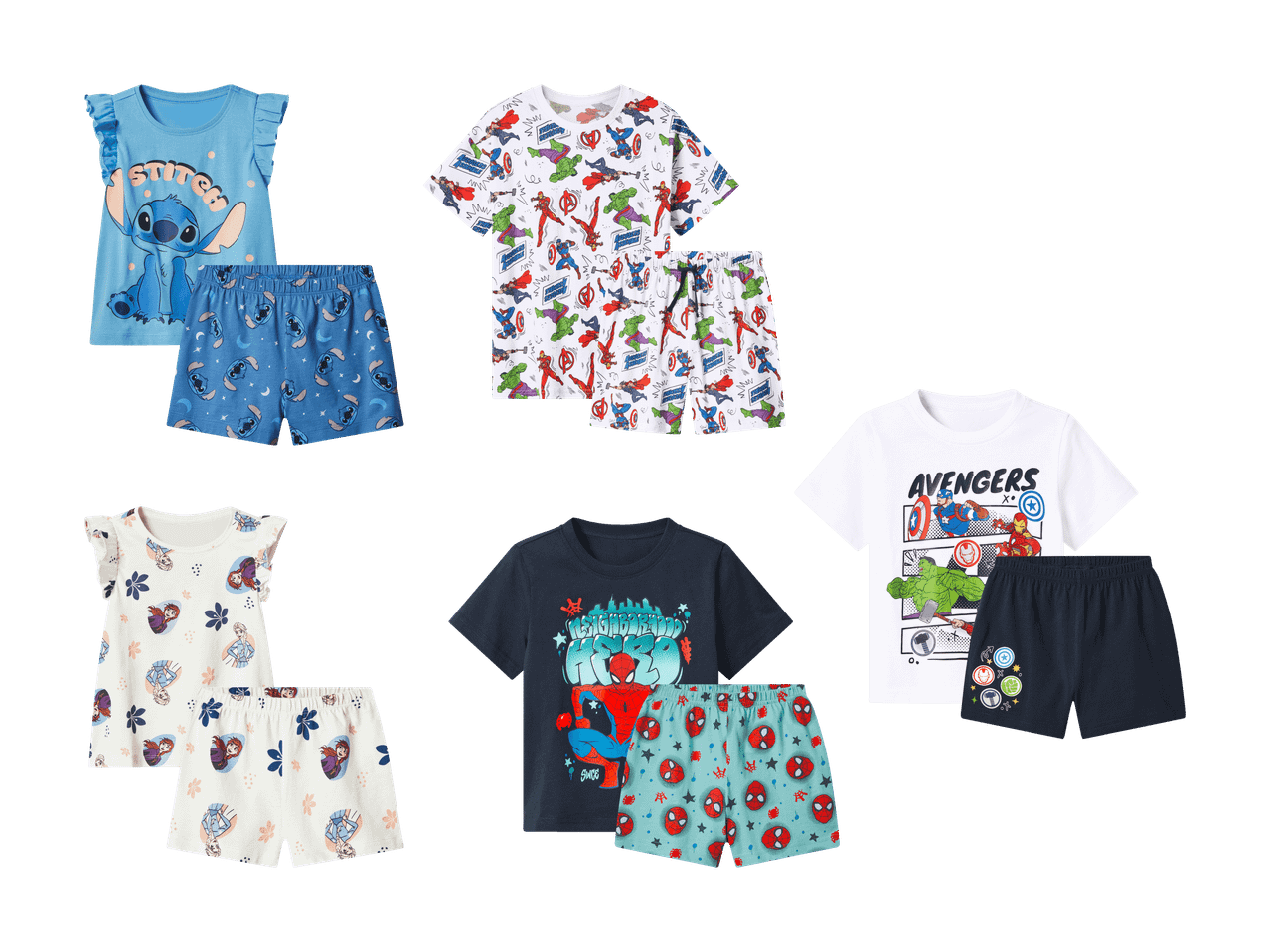 Vier Sets Kinder-Schlafanzüge mit verschiedenen Motiven wie Stitch, Avengers, Spiderman und Blumen.