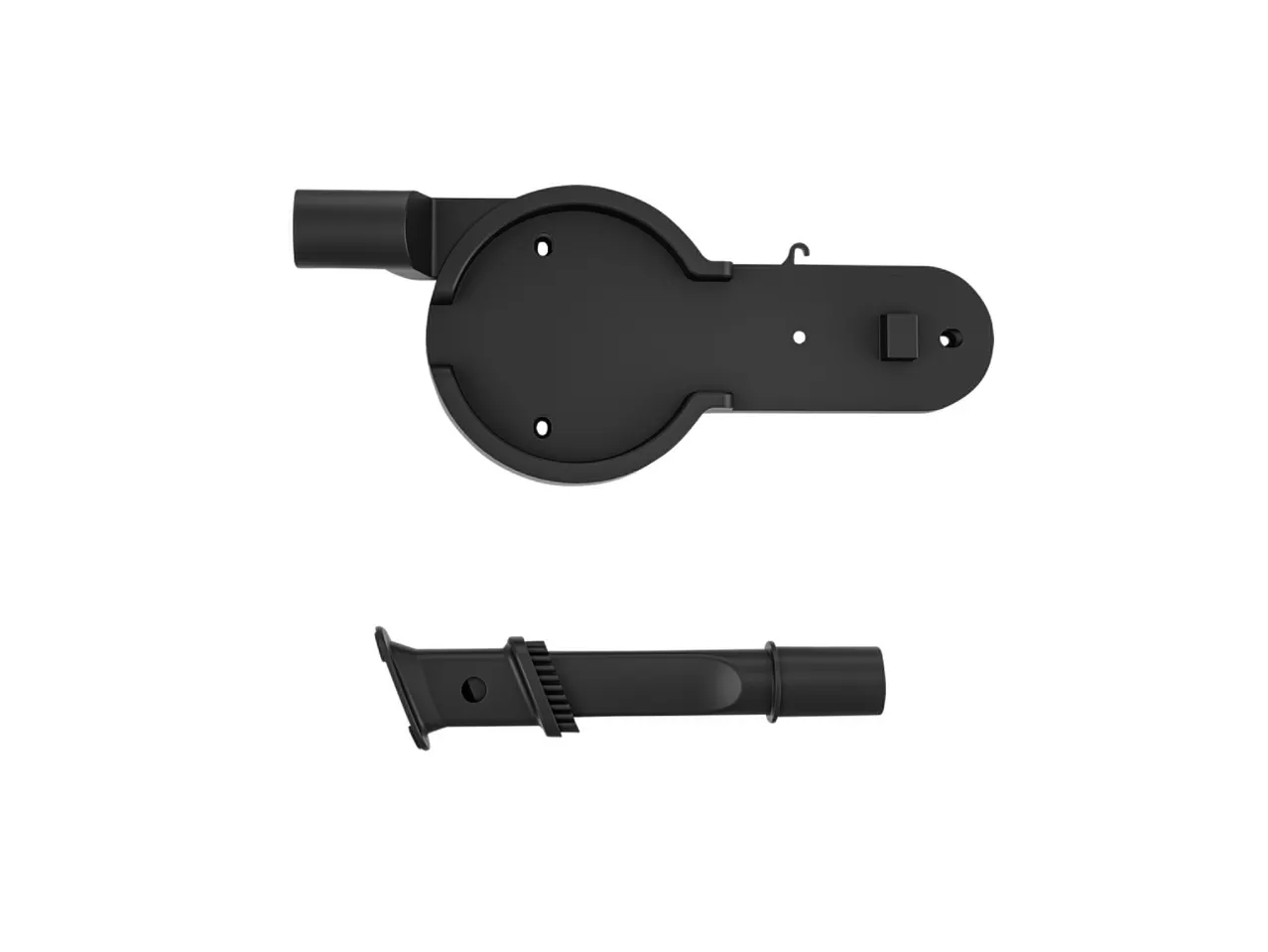Un supporto a parete nero e un accessorio per aspirapolvere su sfondo bianco.