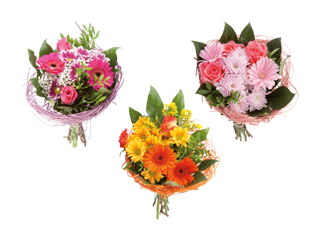 Trois bouquets de fleurs colorés, dont des roses, des gerberas et des chrysanthèmes.