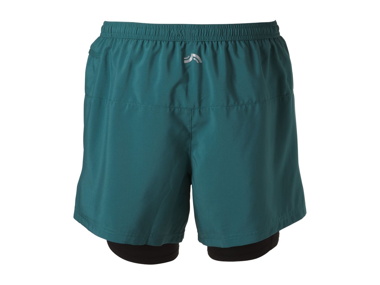 Teal men's running shorts with black inner compression shorts, elastic waistband, and reflective logo.