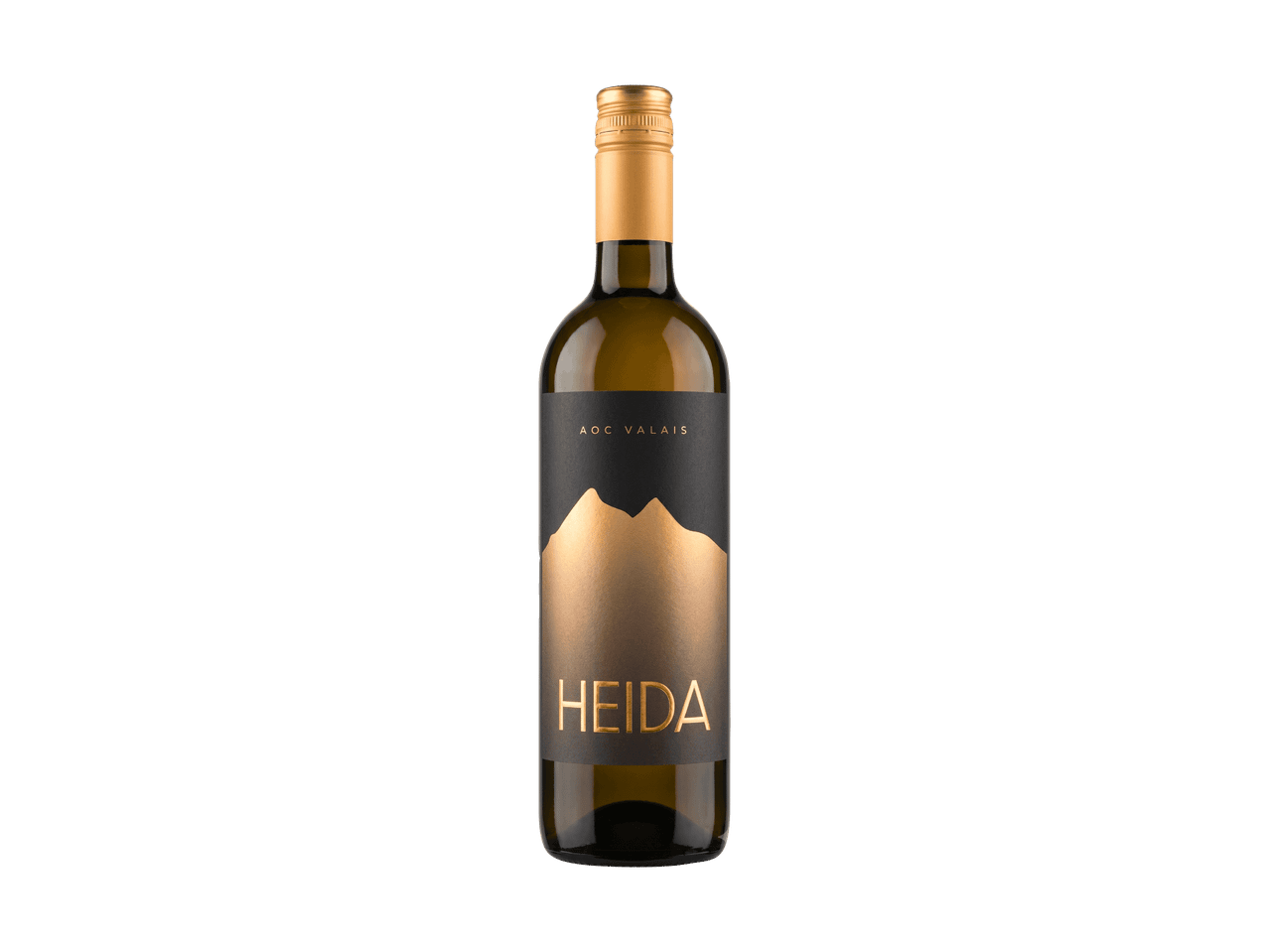 Bouteille de vin blanc avec une étiquette noire et dorée représentant une montagne stylisée.
