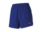 Blue athletic shorts with an elastic waistband and a small grey logo on the left leg.