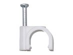 White plastic cable clip with a metal nail