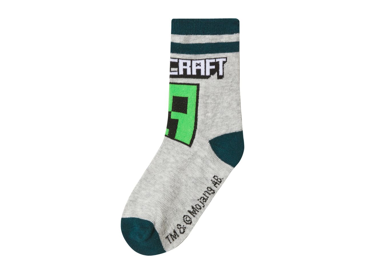 Grey sock with green and black pixelated character and text, dark green stripes and accents.
