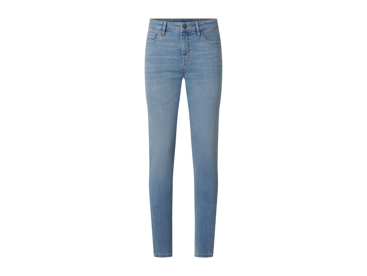 Light blue skinny jeans with a high waist and classic five-pocket styling