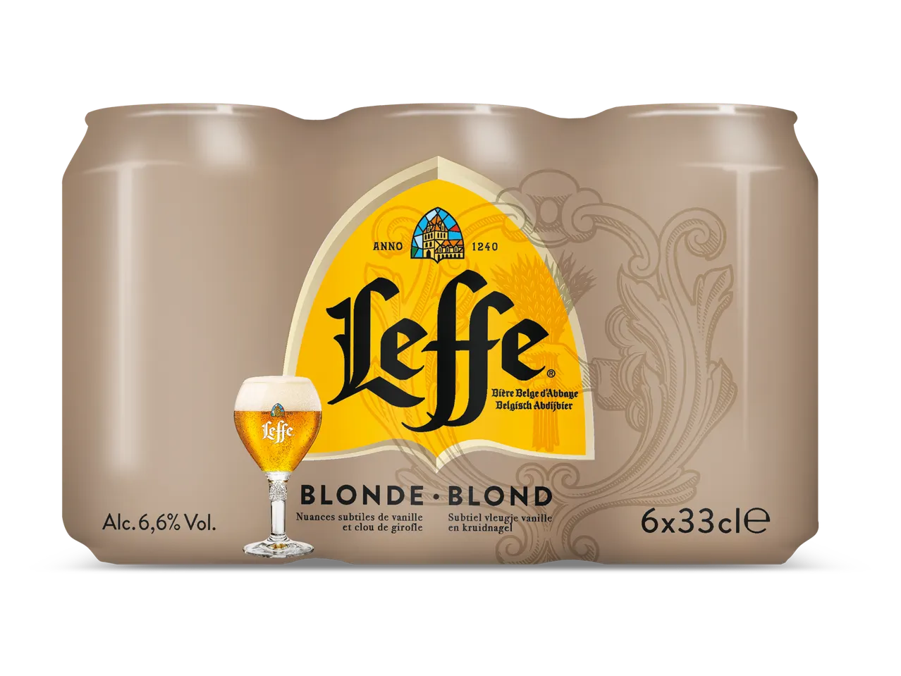 Een sixpack blond abdijbier met een glas bier en de tekst 'Blonde Blond'.
