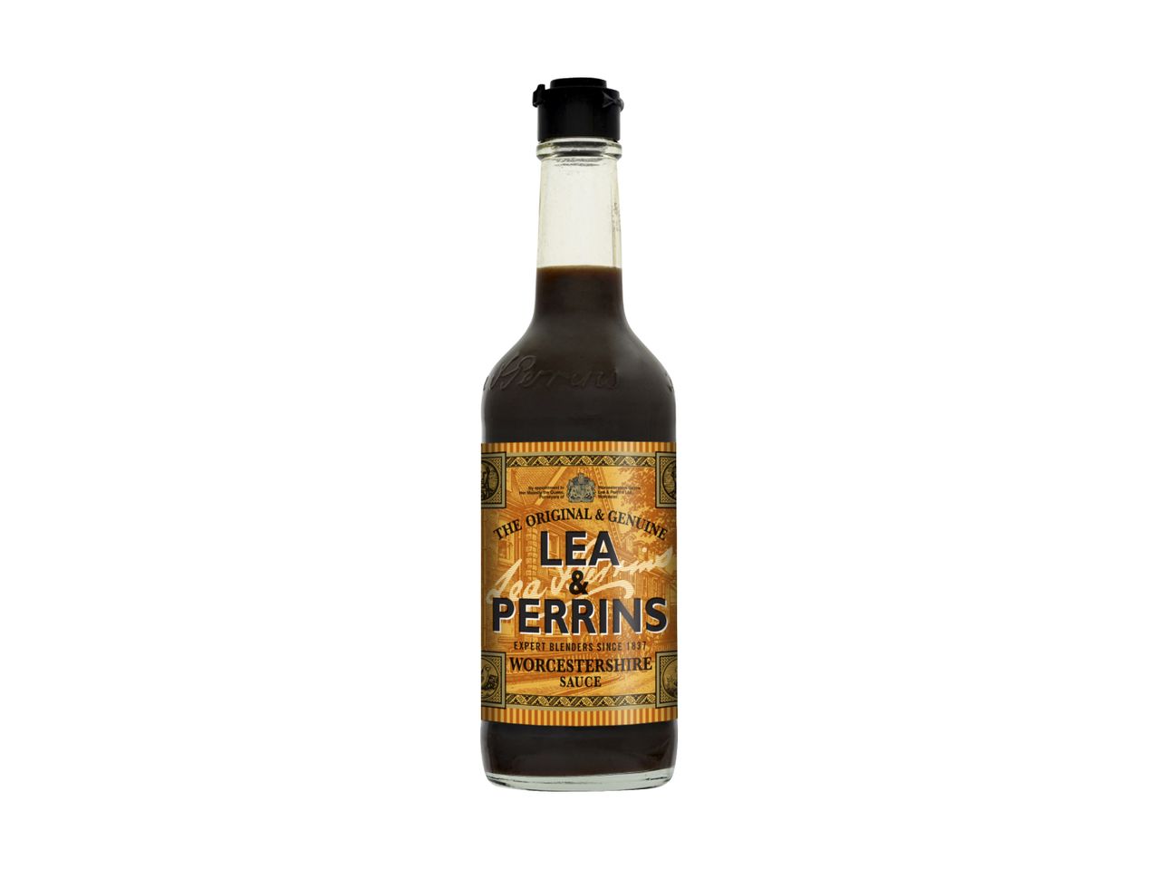 A bottle of Lea & Perrins Worcestershire Sauce.